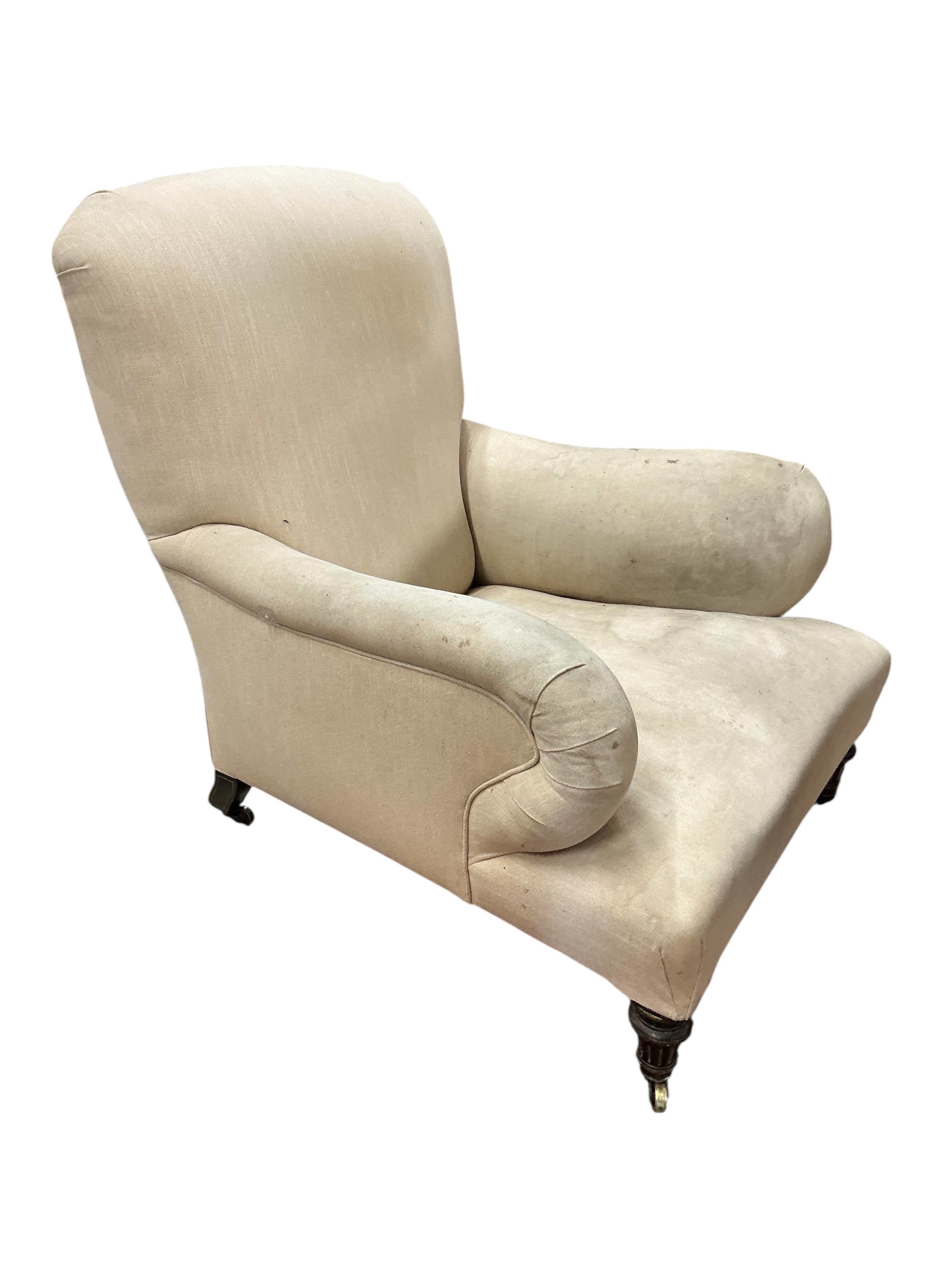 A Victorian Howard style upholstered armchair, width 80cm, depth 80cm, height 88cm